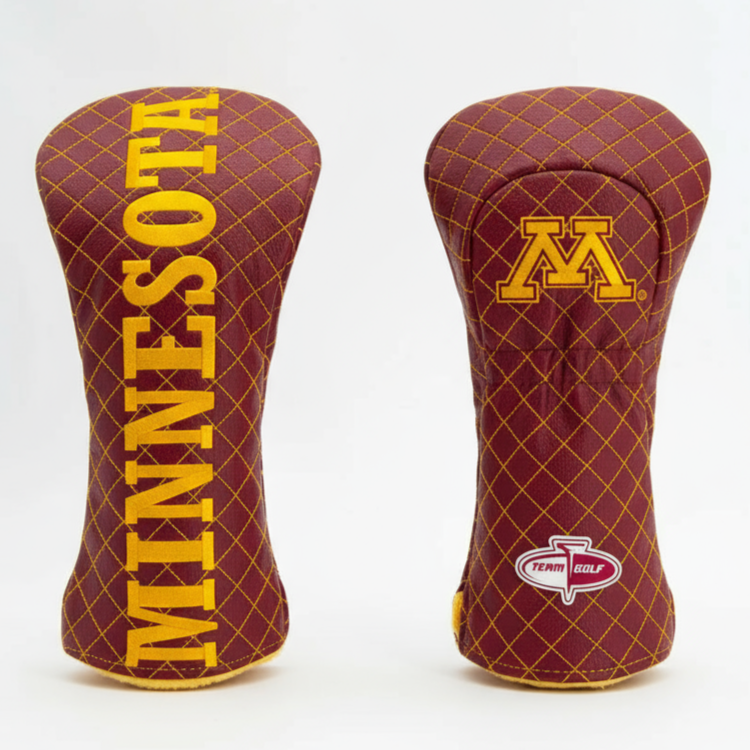 Two maroon golf club head covers with 'Minnesota' and a logo on a white background