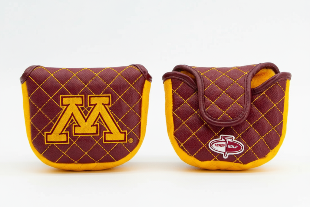 Two maroon and yellow golf mallet covers with a logo on a white background