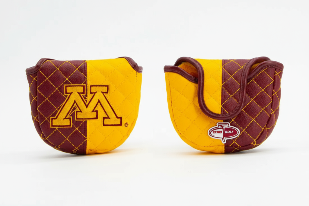 Two golf club covers with Minnesota Golden Gophers logo on a white background