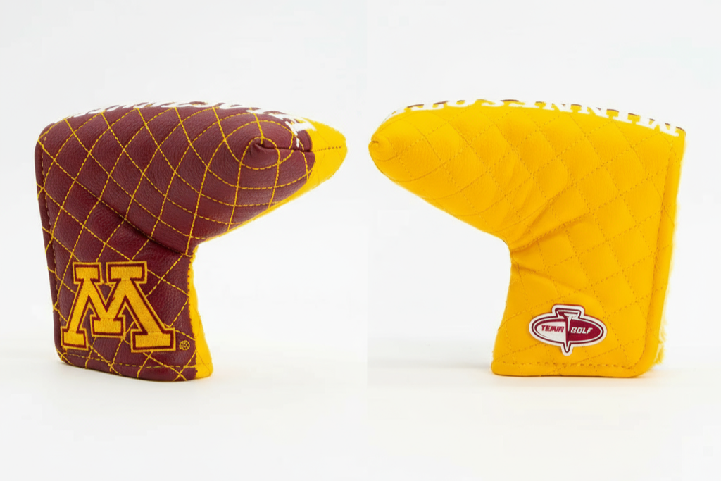 Two golf club covers, one maroon with yellow accents and the other yellow with red accents, on a white background.