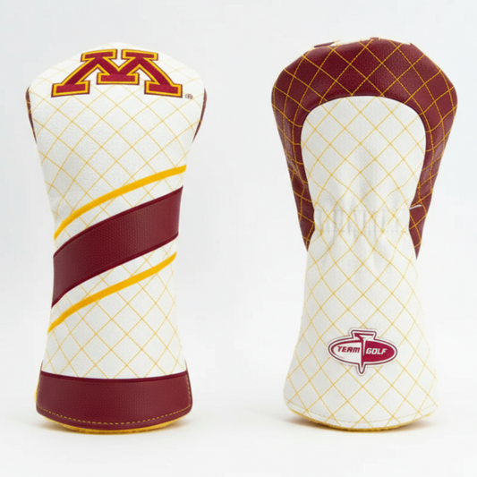 Two golf club heads with a grid pattern and team logo on a white background