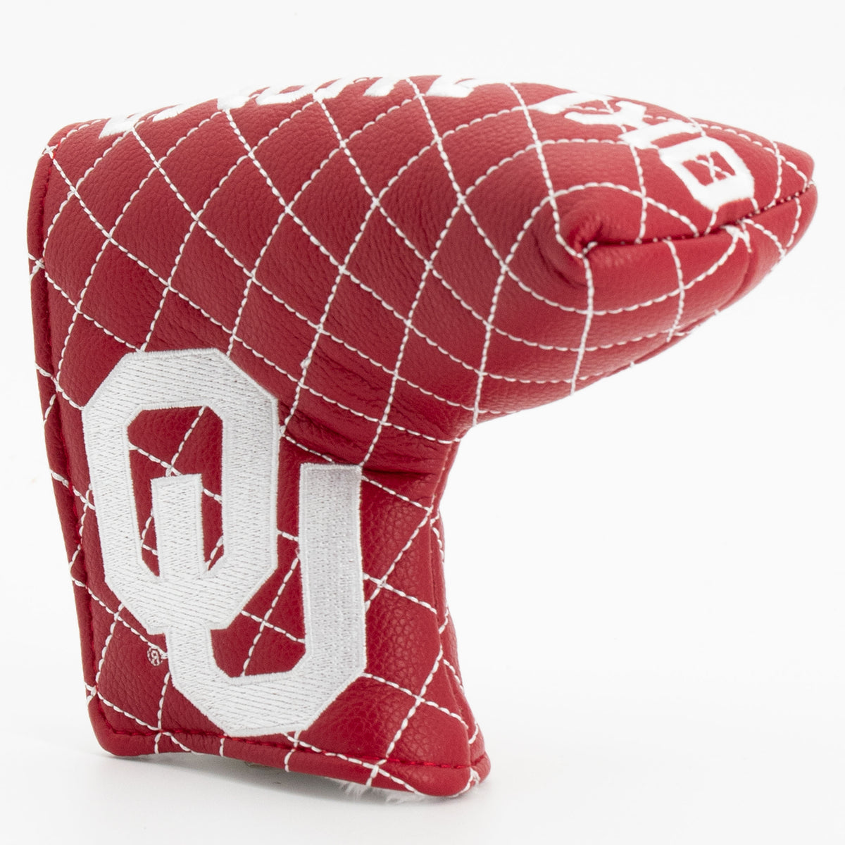 Oklahoma Sooners solid quilted blade putter cover, close-up of the stitching and textured exterior