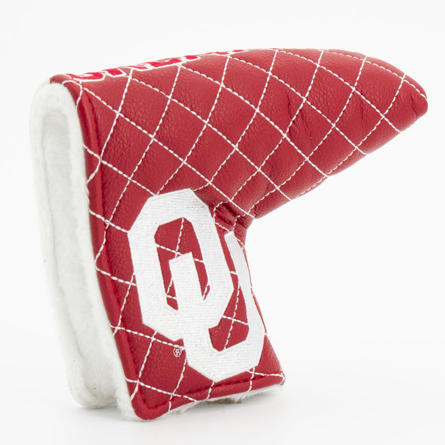 Oklahoma Sooners split quilted blade putter cover: original opening and lining detail