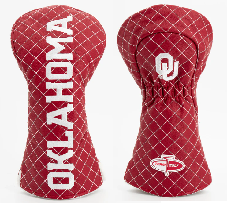Two red golf club head covers with 'Oklahoma' and a logo on a white background