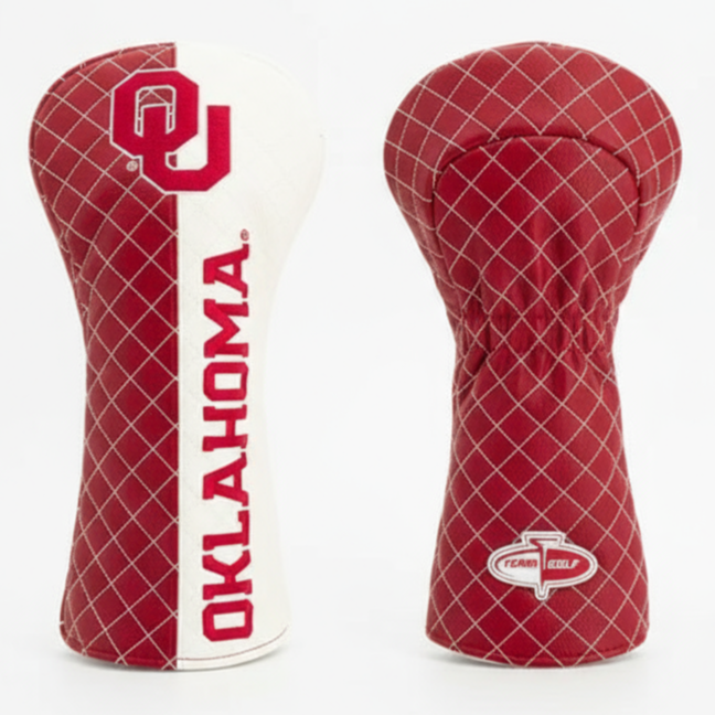 Red and white golf club head covers with 'Oklahoma' branding on a white background