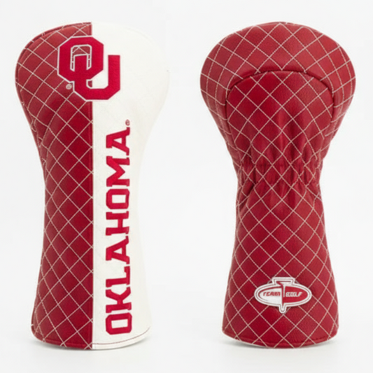 Red and white golf club head covers with 'Oklahoma' branding on a white background