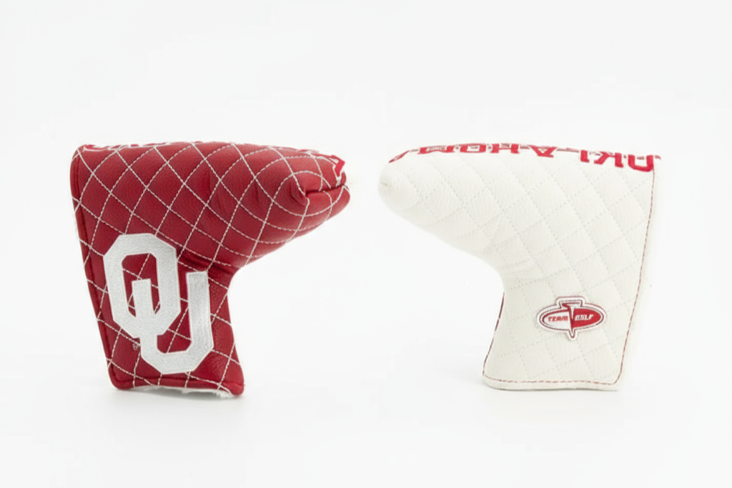 Two golf club covers, one red with a white 'O' and the other white with red text, on a white background.