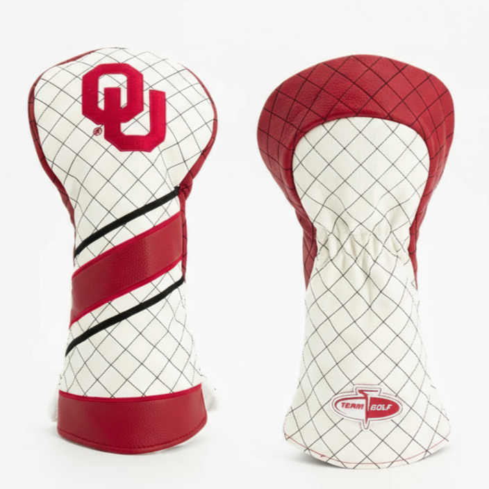 Two golf club head covers with a red and white design on a light gray background