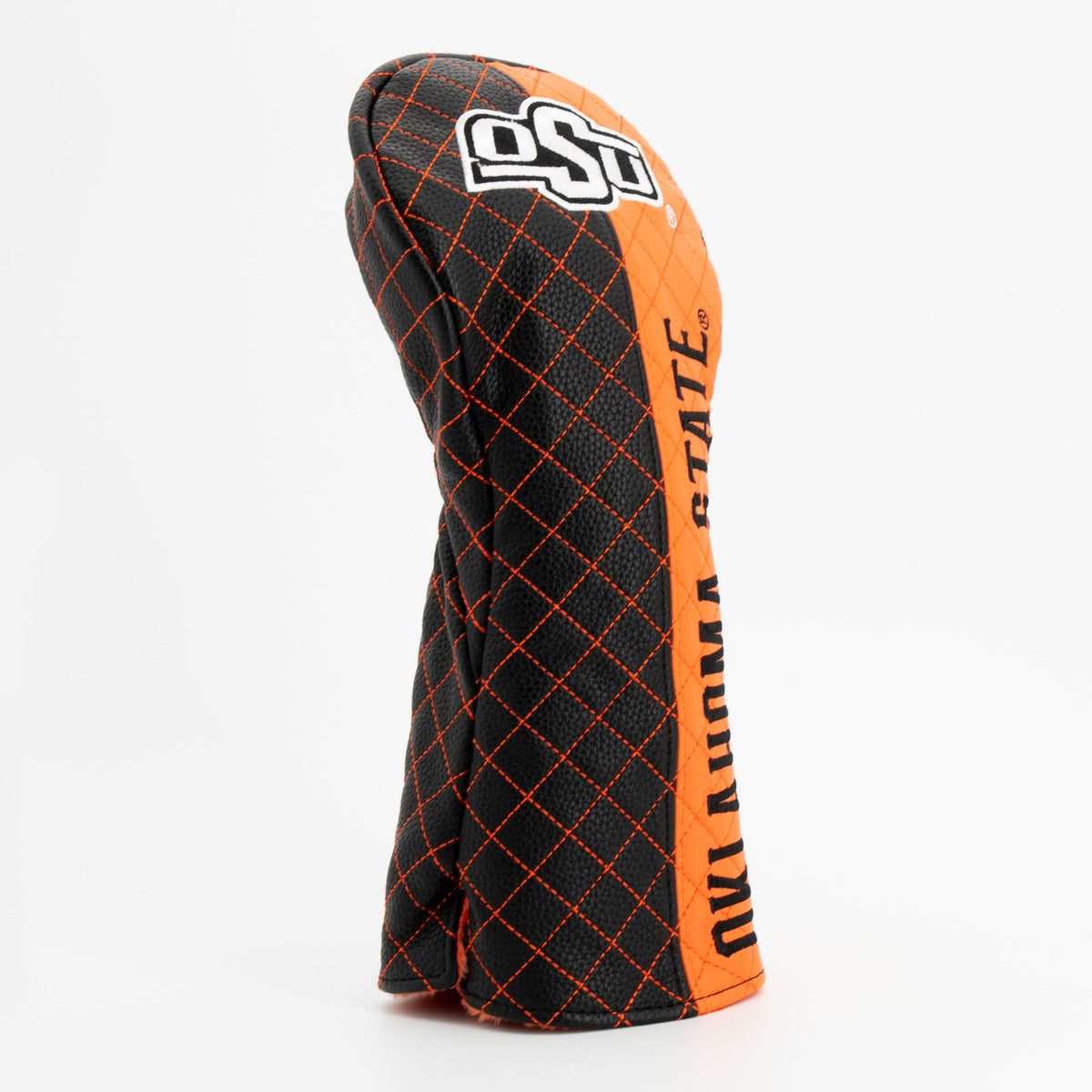 Oklahoma State Cowboys split quilted driver headcover, close-up of diamond stitching and exterior texture