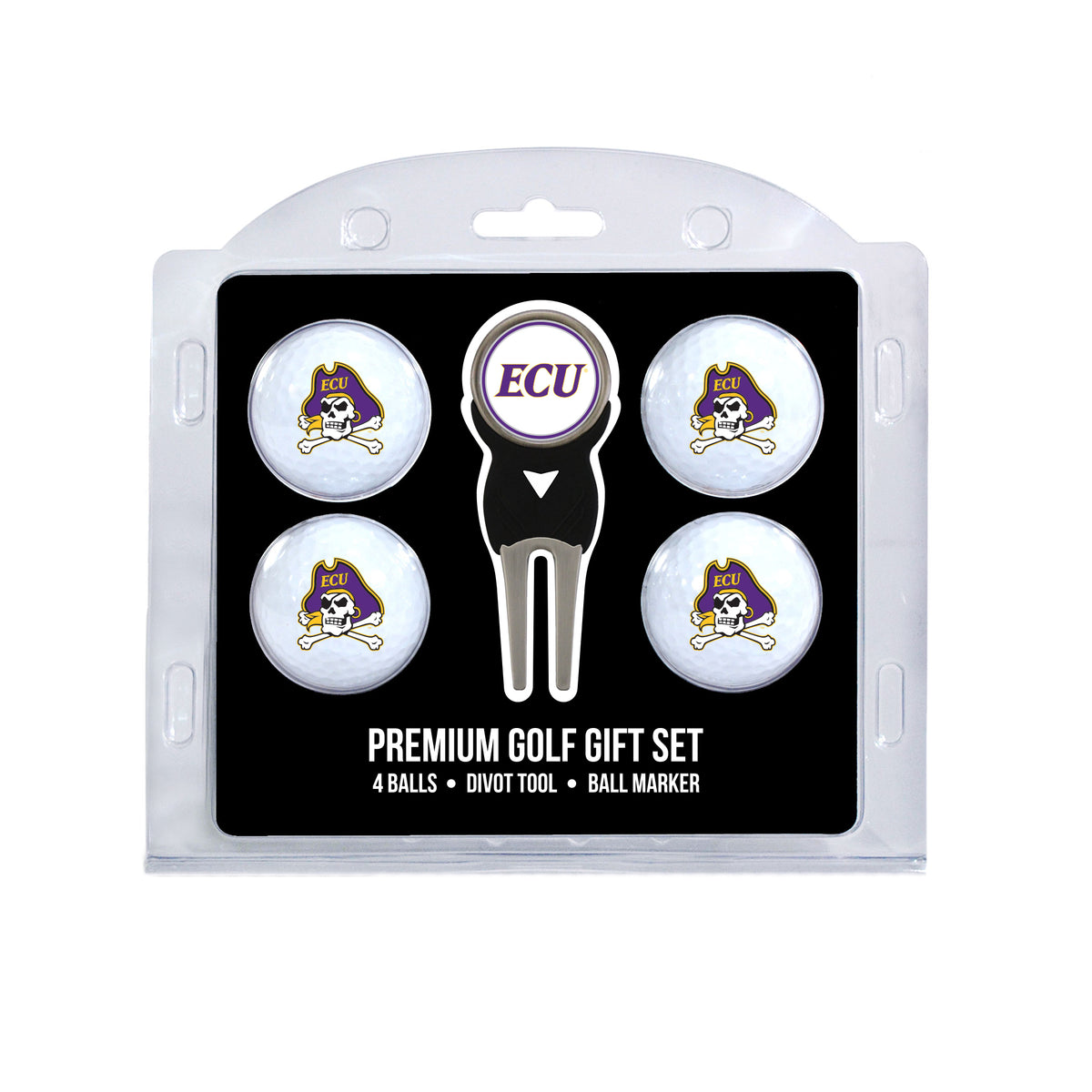 East Carolina four ball golf gift set with divot tool and ball marker