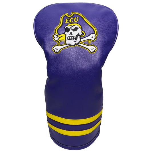 Purple golf club head cover with a skull and crossbones design and 'ECU' logo on a white background