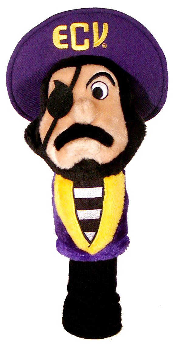 East Carolina Pirates plush mascot driver headcover with purple ECU pirate hat and black eyepatch