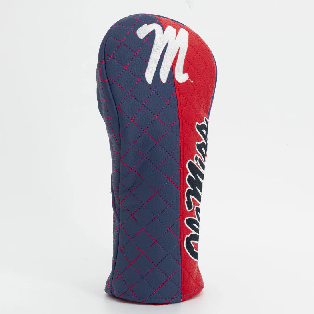 Golf club head cover with blue and red design on a white background