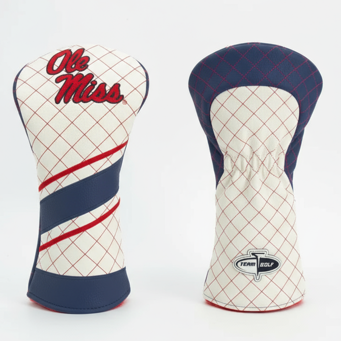 Two golf club head covers with 'Ole Miss' branding on a white background