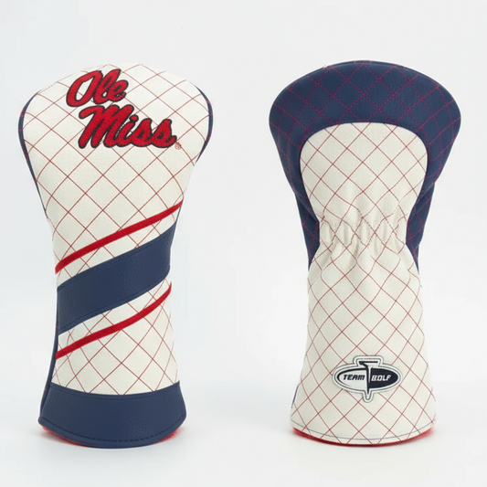 Two golf club head covers with 'Ole Miss' branding on a white background