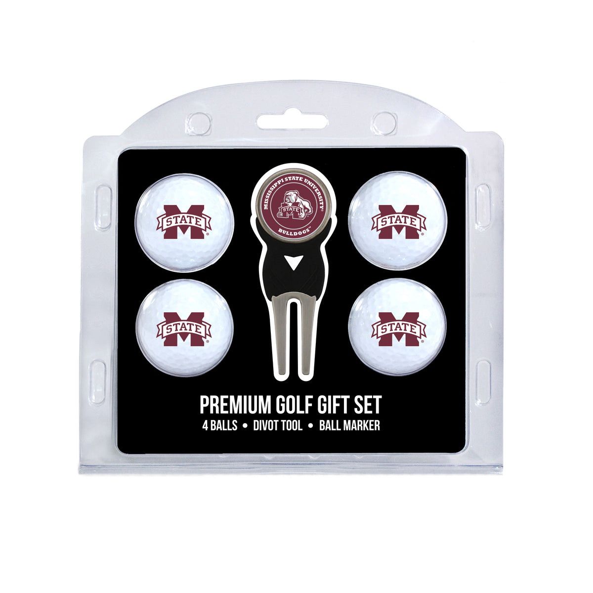 Mississippi State four ball golf gift set with divot tool and ball marker