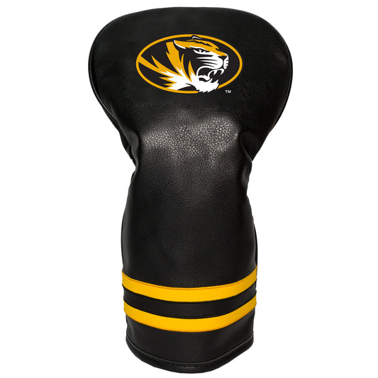 Black golf club head cover with yellow tiger logo on a white background