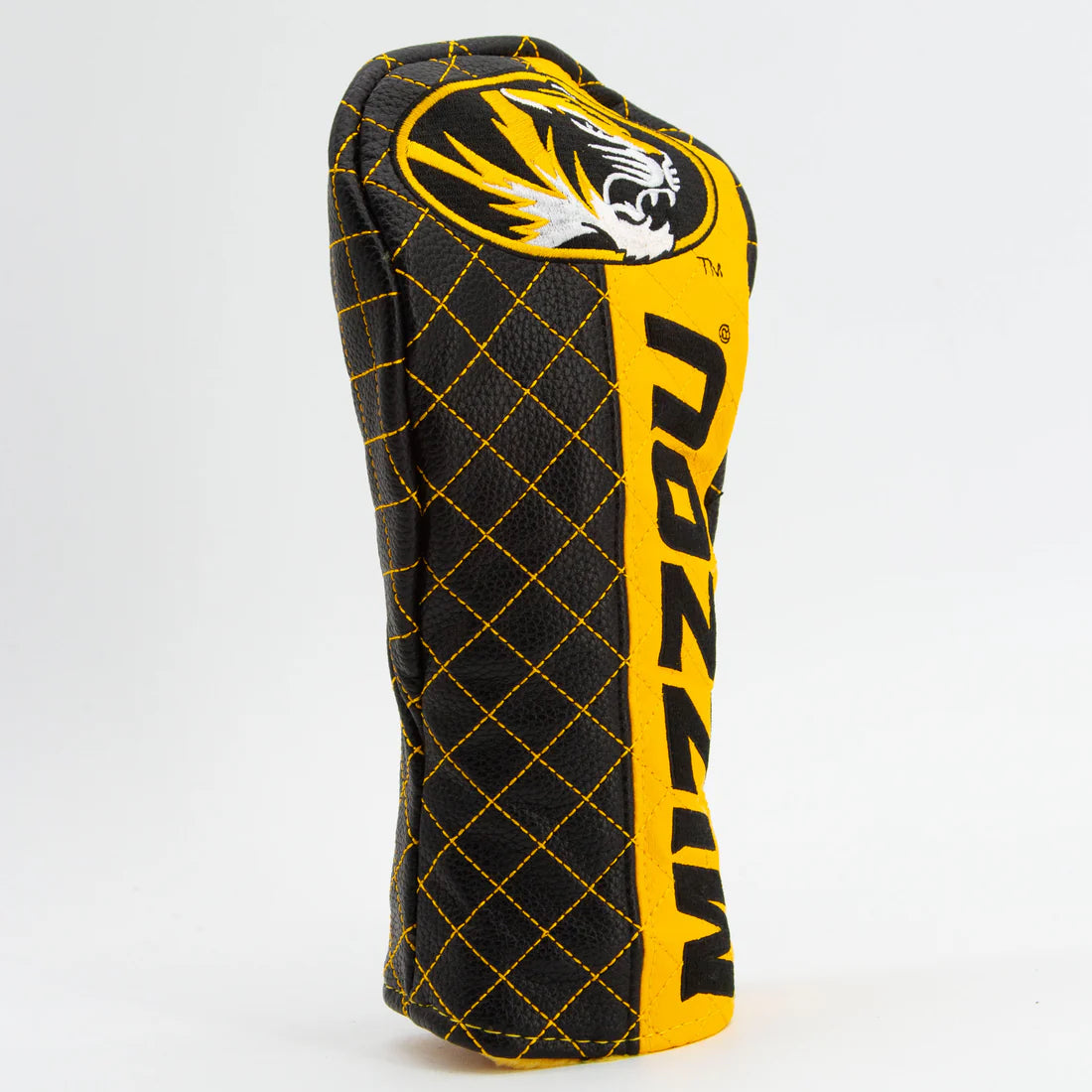 Golf club head cover with yellow and black design on a white background
