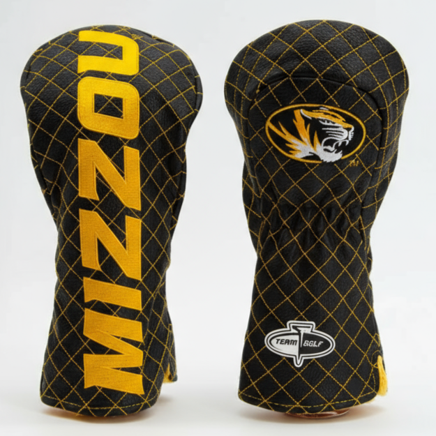 Two golf club head covers with 'Mizzou' branding on a white background