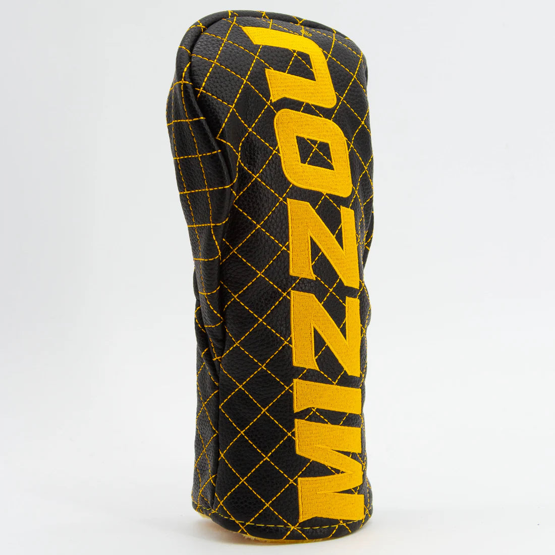 Golf club head cover with yellow text on a white background