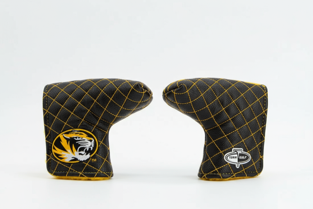 Two black quilted golf club covers with logos on a white background