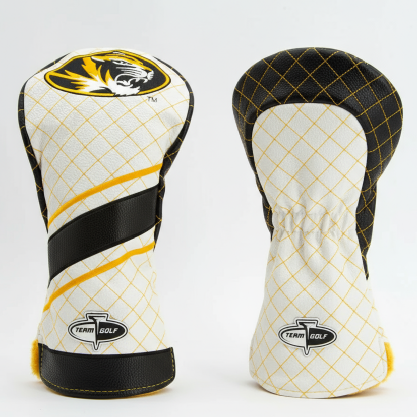 Two golf club head covers with a grid pattern and black and yellow accents on a white background.
