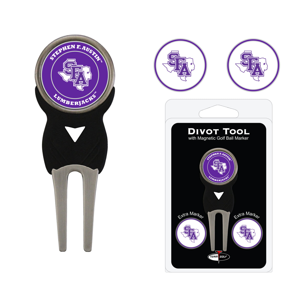 Stephen F. Austin Lumberjacks divot repair tool and three ball markers