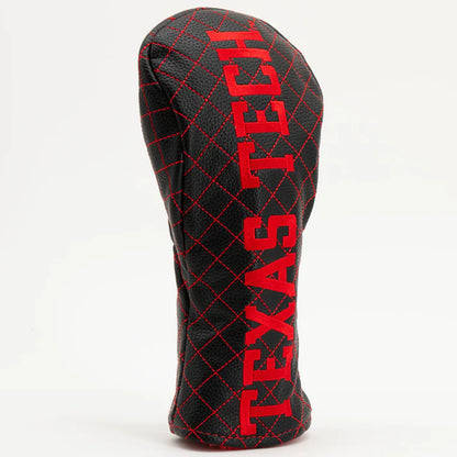 Black golf club head cover with red 'Texas Tech' text on a white background