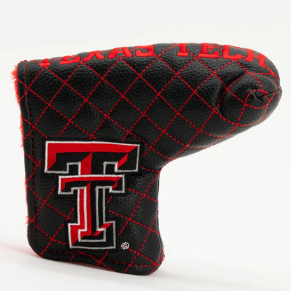 Black quilted golf club head cover with red accents and a logo on a white background