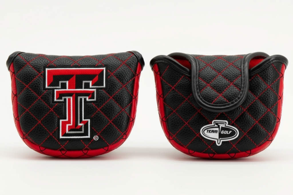 Two black and red golf club covers with Texas Tech logo on a white background