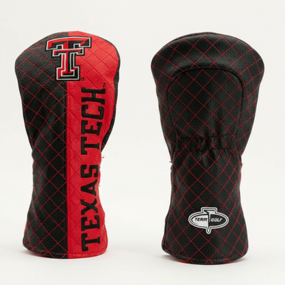 Two golf club head covers, one red and black with 'Texas Tech' text, the other black with a checkered pattern, on a white background.