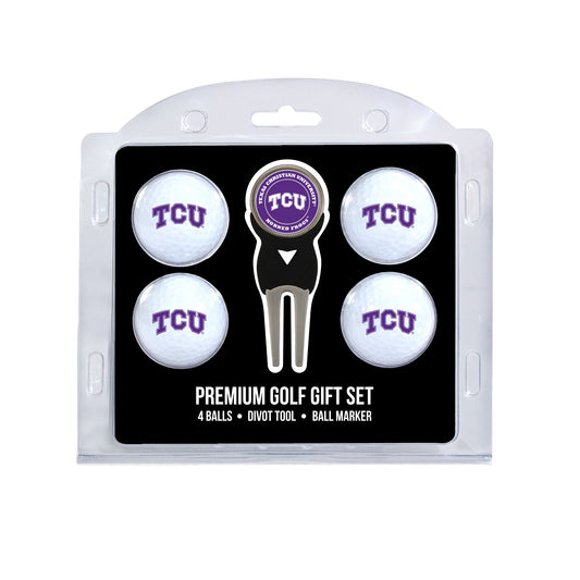 TCU four ball golf gift set with divot tool and ball marker