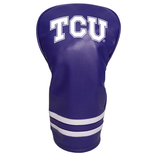 Purple golf club head cover with 'TCU' branding on a white background