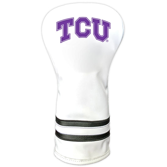White golf club head cover with 'TCU' logo on a white background