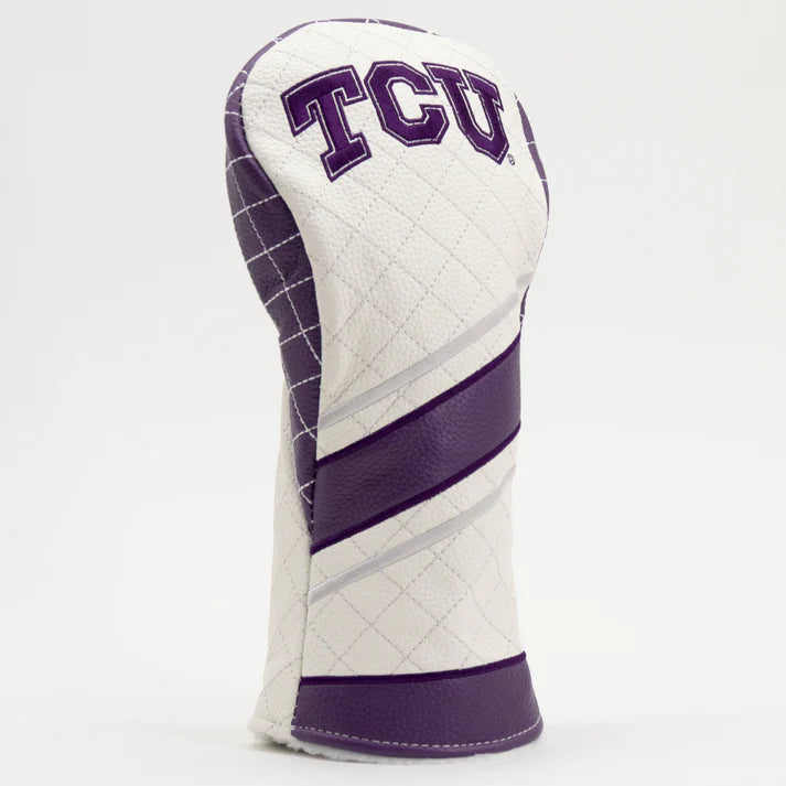 Golf club head cover with 'TCU' branding on a white background