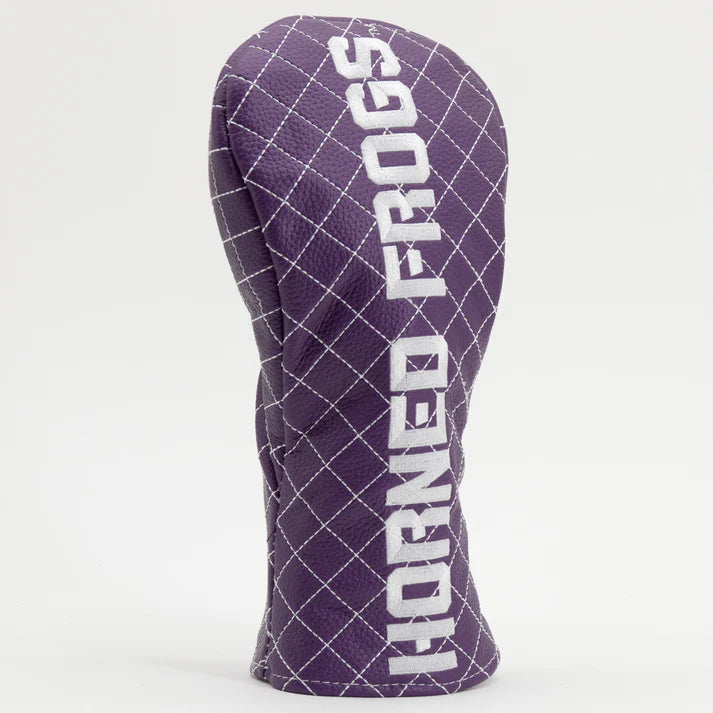 Purple golf club head cover with 'Horned Frogs' text on a white background