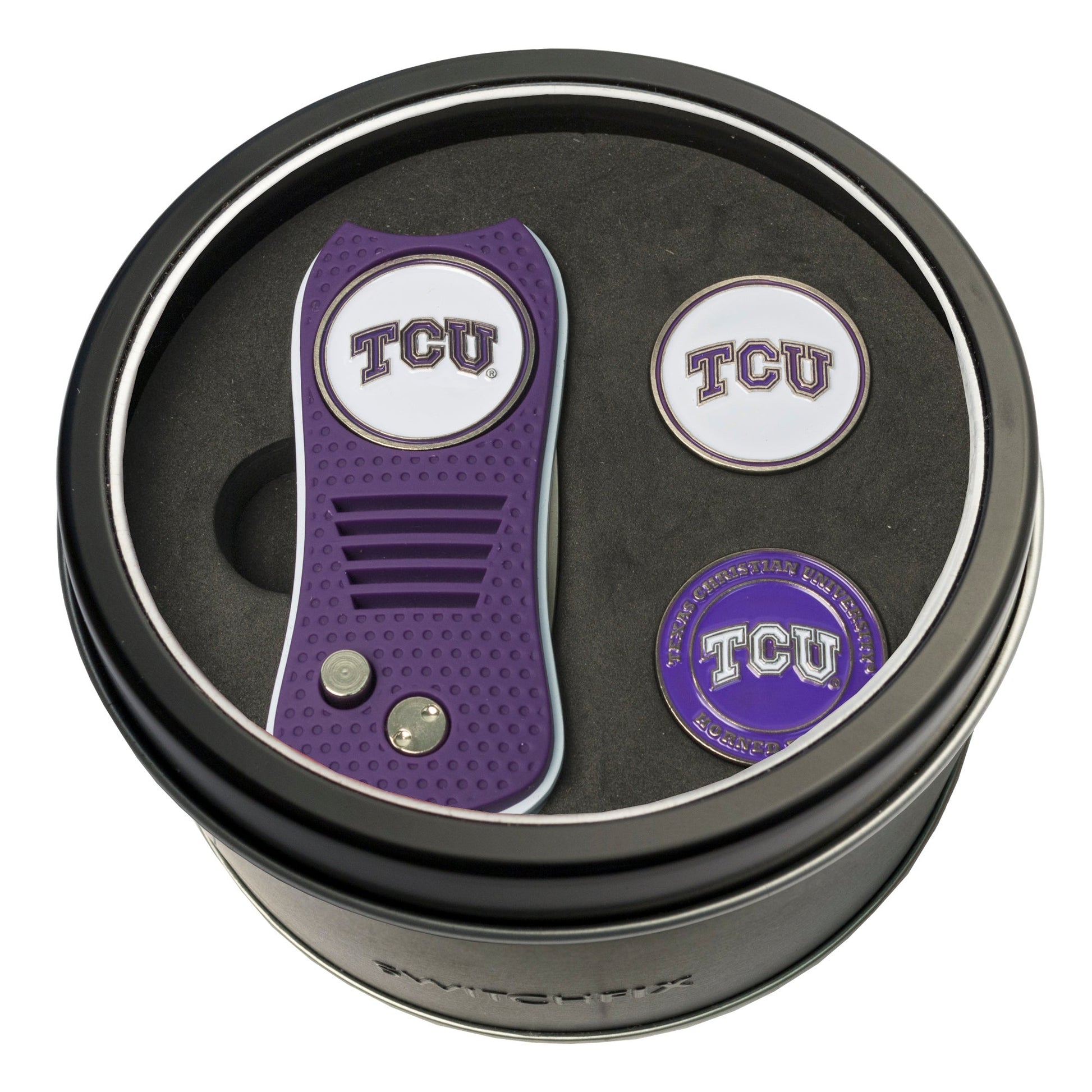 TCU Horned Frogs Switchblade divot tool and ball marker tin gift set