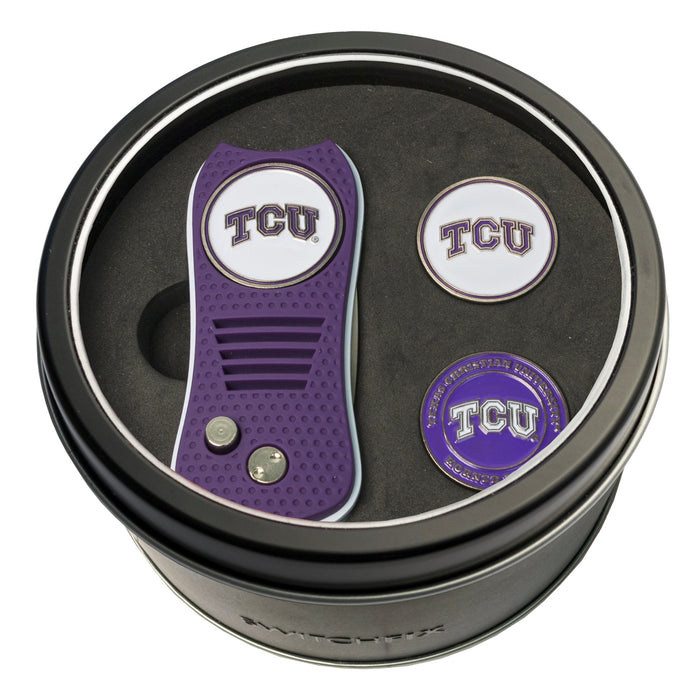 TCU Horned Frogs Switchblade divot tool and ball marker tin gift set