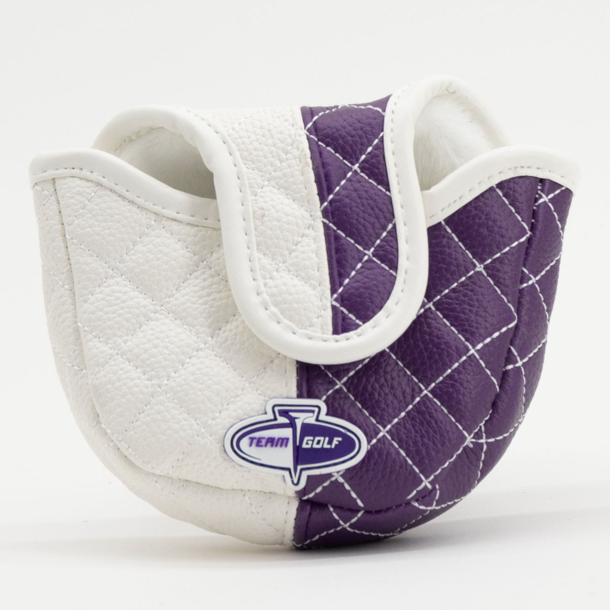 TCU Horned Frogs quilted mallet cover, close-up of the rear opening and bound edges