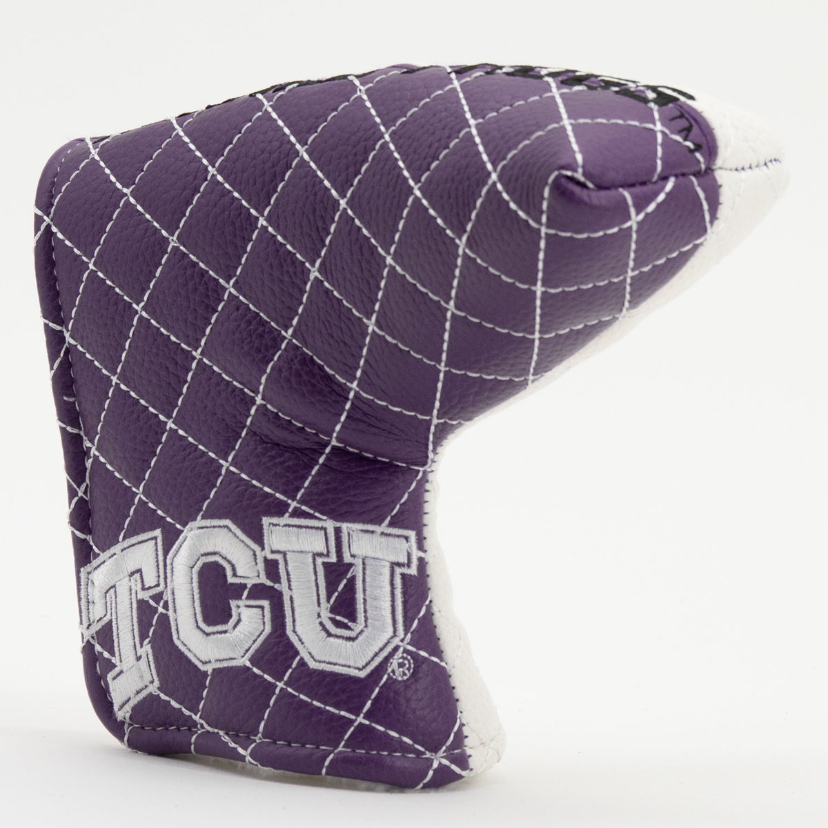 TCU Horned Frogs split quilted blade putter cover, close-up of the stitching and textured exterior
