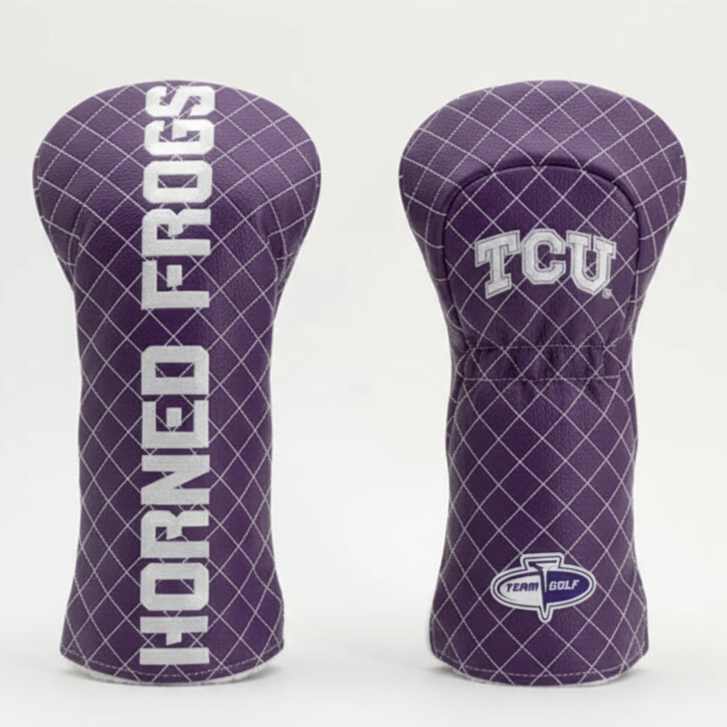 Two purple golf club head covers with 'Horned Frogs' and 'TCU' text on a white background