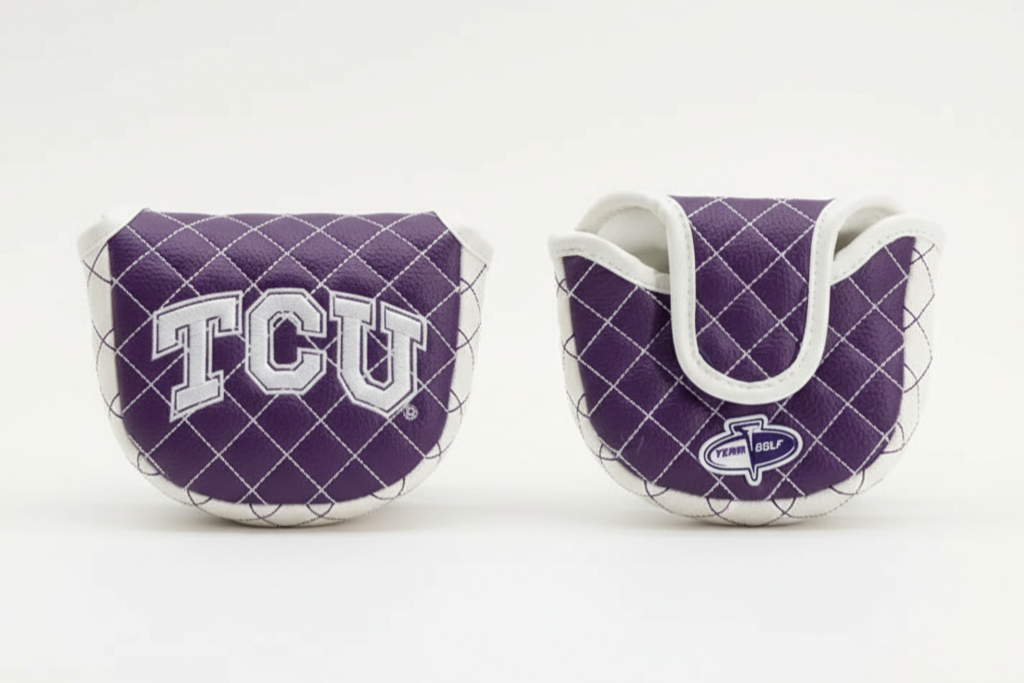 Two purple and white golf club covers with TCU logo on a white background