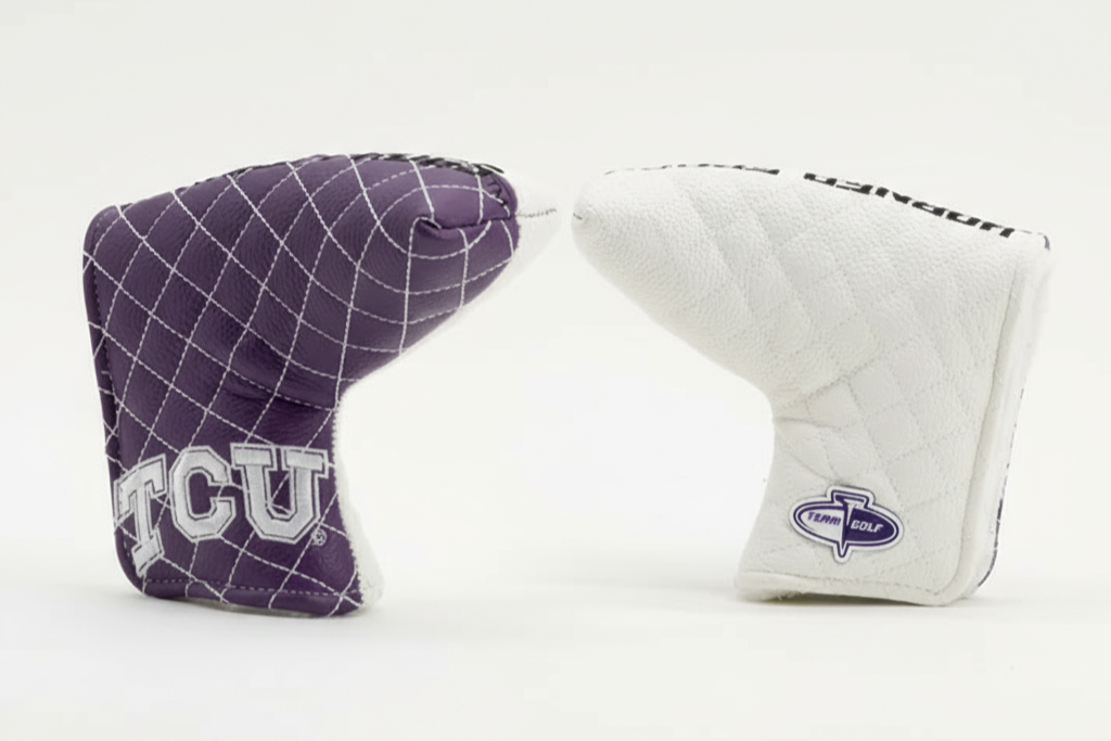 Two golf club covers with TCU branding on a white background