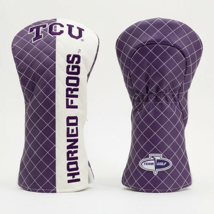 Golf club head covers with TCU branding on a white background
