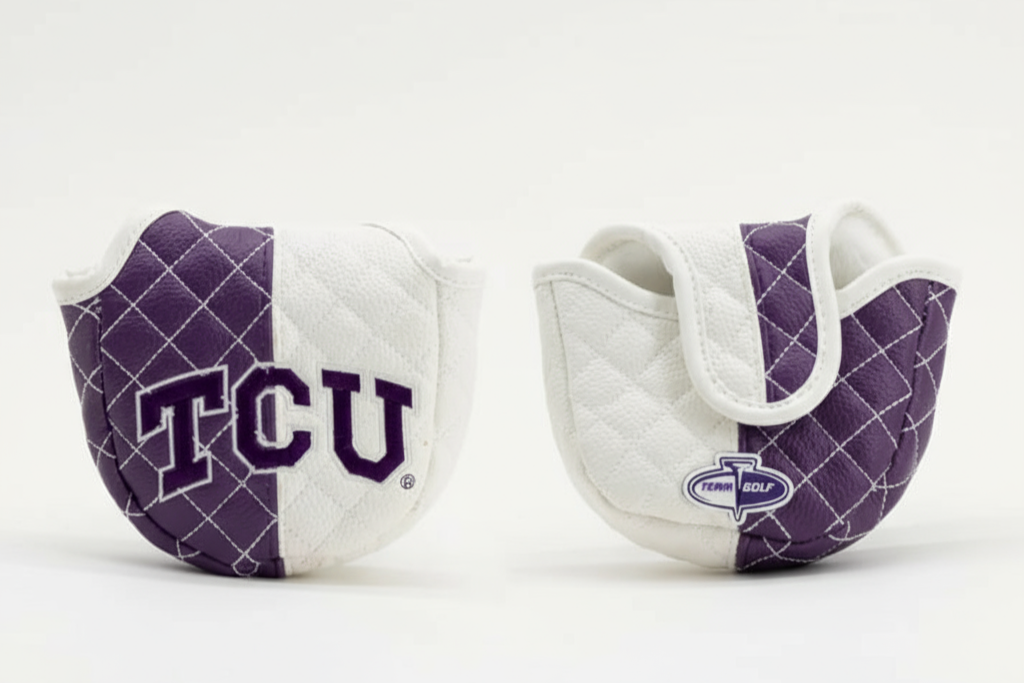 Two white and purple football一口鼻孔 with TCU logo on a light gray background