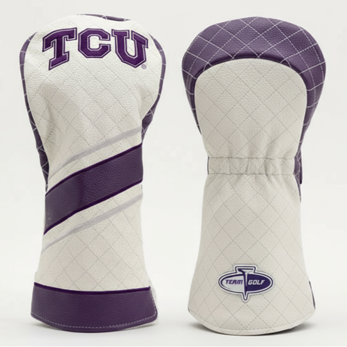 Golf club head covers with TCU logo on a white background