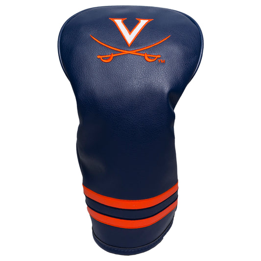 Navy golf club head cover with orange logo and stripes on a white background
