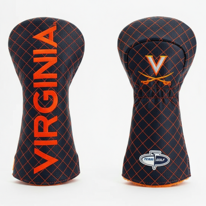 Two black and orange golf club head covers with 'Virginia' branding on a white background.