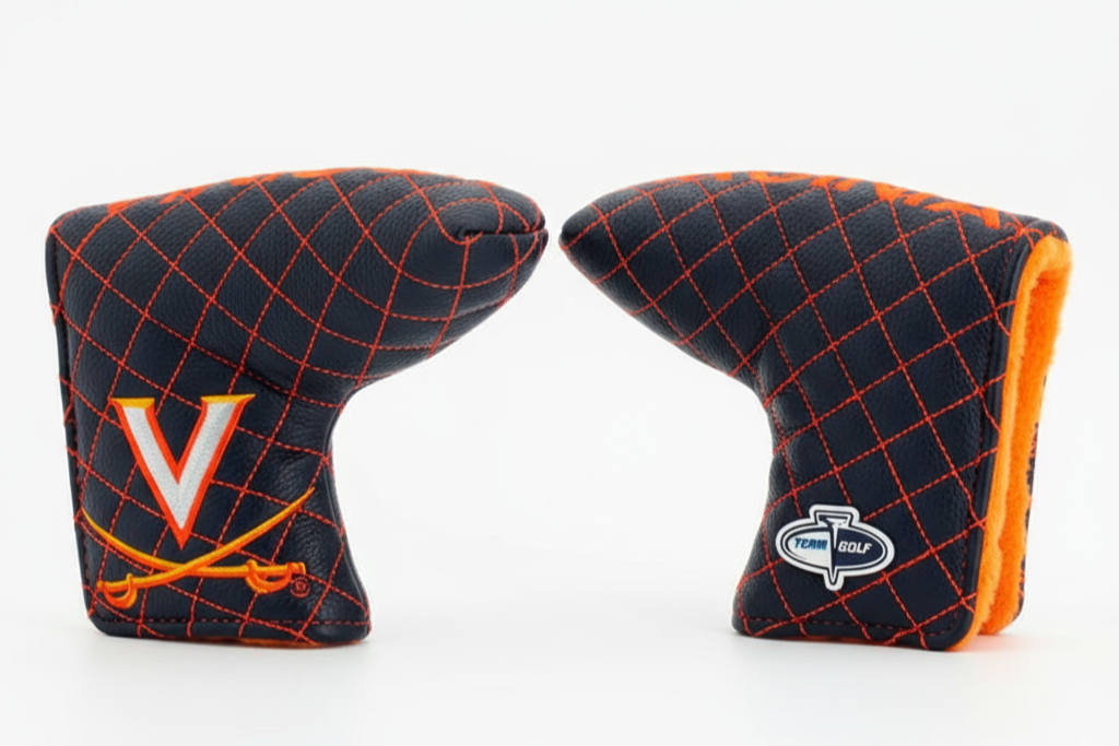 Two golf club head covers with a diamond pattern on a white background