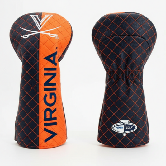 Two golf club head covers, one with 'Virginia' branding and the other with a checkered pattern, on a white background.